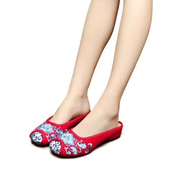 Veowalk Women Casual Cotton Fabric Slide Slippers Chinese Style Flower Embroidered Canvas Flat Sandal Shoes for Asian Ladies Red - intl  