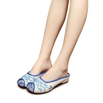 Veowalk Women Casual Cotton Fabric Slide Slippers Chinese Style Flower Embroidered Canvas Flat Sandal Shoes for Asian Ladies White - intl  