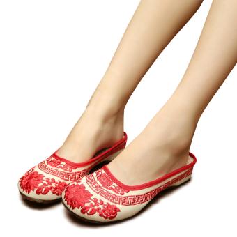 Veowalk Women Cotton Fabric Embroidered Slides Slippers Ladies Summer Canvas Sandal Shoes Red - intl  
