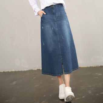 VICI denim skirt slit in the long thin white to dark color grinding scratches thin elastic waist A denim skirt - Intl  
