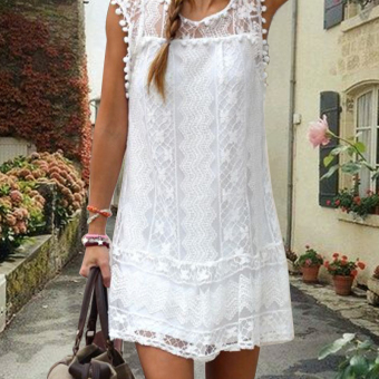 Vinmax Summer Women Elegant Mini Dress Ladies Casual O Neck Vestido Festa Sleeveless Slim Lace Solid Dresses White - intl  