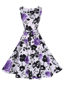 Vintage Floral Printed Midi Dress (Purple)  