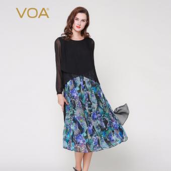 VOA Autumn Long Sleeve Light Silk Floral Dress O-Neck Casual Dresses Black - intl  