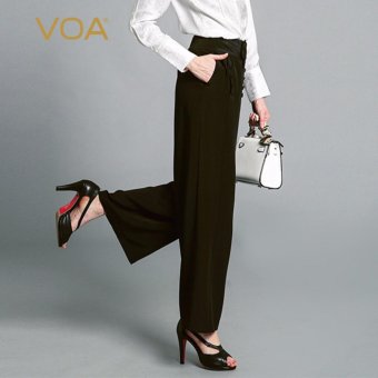 VOA Black Silk Wide Leg Pants Temperament Button Pants - intl  