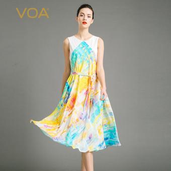 VOA Female Multicolor Sleeveless Silk Dress Small Fresh Printing Swing Dress - intl  