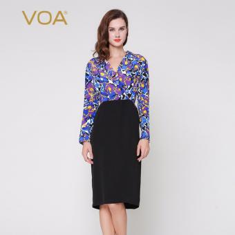 VOA Floral Splice Autumn V-Neck Dress Women's Silk Long Sleeve Dresses - intl  