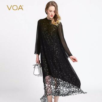 VOA Long Sleeved Silk Dress Loose Collar Black And White Polka Dot Dress False Two Silk - intl  