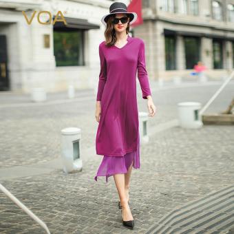 VOA Purple Long-Sleeved Silk Long Dress A5233 - intl  