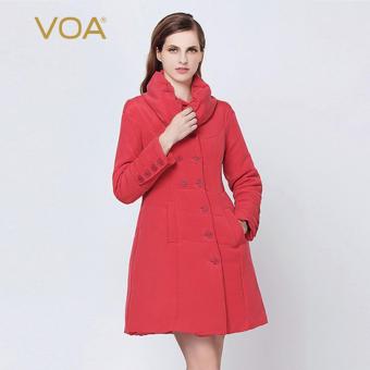 VOA Red Double Breasted Long Sleeved Pillow Collar Heavy Coat Female Silk Jacket - intl  