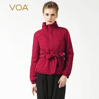 VOA Red Silk Jacquard Parkas European female Slim Thin Long-sleeved Sashes Cotton Coats - intl  