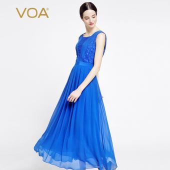 VOA Sapphire Blue Sleeveless Silk Dress Pleated Waist Lace Dresses - intl  