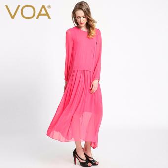 VOA Spring Autumn Red Long Sleeve Dress O-Neck Women's Silk Maxi Dresses - intl  