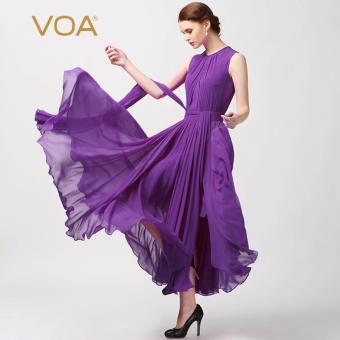 VOA Summer Silk Dress Georgette Sleeveless O-Neck Pleated Large Swing Dresses - intl  
