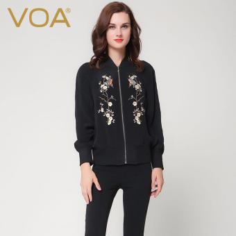 VOA Women's Silk Baseball Collar Autumn Black Jacket Black With Embroidered - intl  