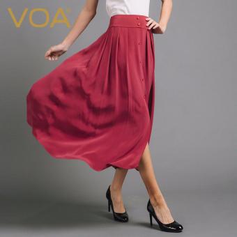 VOA Women's Silk European Casual Button Maxi Pleated Skirt Red - intl  