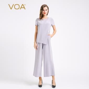 VOA Women's Silk European Purplish Grey High Waist Short Sleeve O-Neck Jumpsuits - intl  