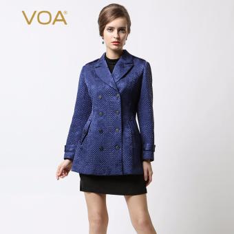 VOA Women's Silk Fashion Lapel Collar Long Sleeves Solid Coat Nave Blue - intl  