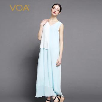 VOA Women's Silk Fashion V-Neck sleeveless Loose Casual Dress Light Blue - intl  