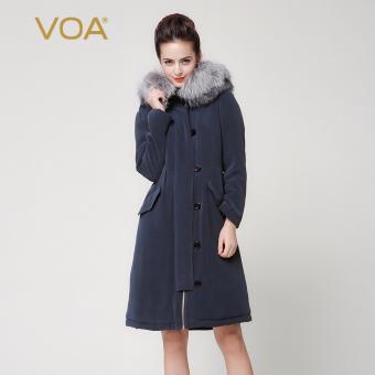 VOA Women's Silk Fur Collar New Fashion Winter Warm Solid Coat Navy Blue - intl  