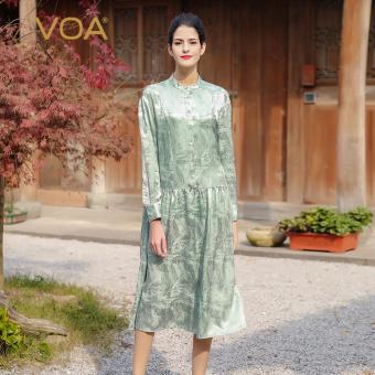 VOA Women's Silk Long Sleeves Loose Casual Stand Collar Dress Green - intl  
