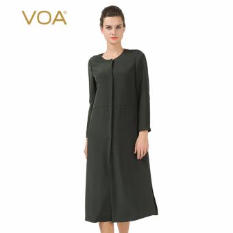 VOA Women's Silk New Autumn O-Neck Long Sleeves Solid Brief Elegant Coat Dark Green - intl  