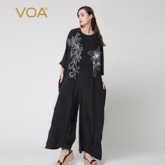 VOA Women's Silk New Fashion Loose Casual Solid Embroidery Jumpsuit Black - intl  