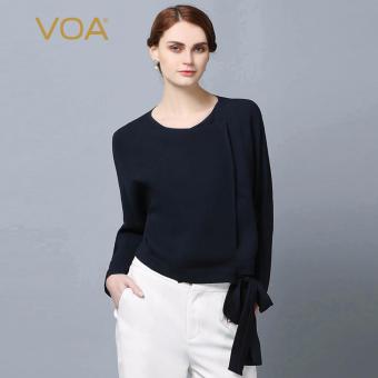 VOA Women's Silk New Fashion O-Neck Long Sleeves Solid Coat Navy Blue - intl  