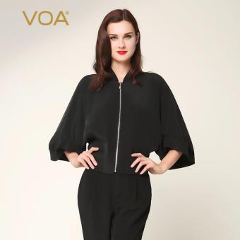 VOA Women's Silk New Fashion Solid Stand Collar Batwing Sleeve Short Jacket Black - intl  