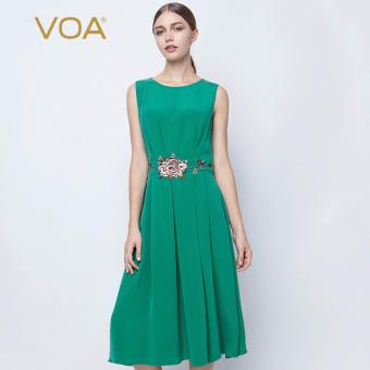 VOA Women's Silk New Solid Embroidery Brief Elegant Sleeveless Midi Dress Green - intl  