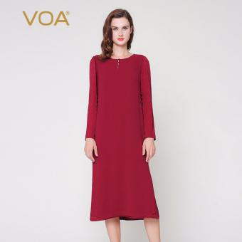 VOA Women's Silk New Spring Brief Vintage Solid O-Neck Long Sleeves Dress Dark Red - intl  