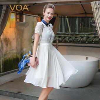 VOA Women's Silk New Summer Puff Sleeves Polo Collar Pleated Dress White - intl  