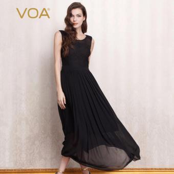 VOA Women's Silk New Summer Solid Lace Elegant Long Pleated Dress Black - intl  