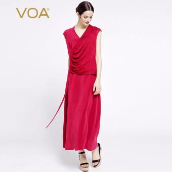 VOA Women's Silk New Summer V-Neck Sleeveless Casual Elegant Solid Long Dress Deep Red - intl  
