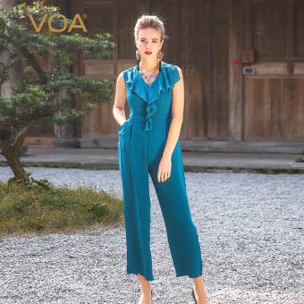 VOA Women's Silk New Summer V-Neck Sleeveless Solid Ruffles Jumpsuit Blue - intl  