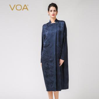 VOA Women's Silk New Winter Fashion Loose Solid Pocket Stand Collar Long Coat Navy Blue - intl  