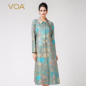 VOA Women's Silk New Winter Warm Loose Elegant Turn-Down Collar Long Coat Light Blue Jacquard - intl  