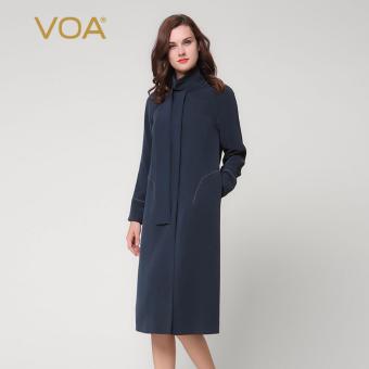 VOA Women's Silk New Winter Warm Solid Brief Elegant Long Coat Navy Blue - intl  