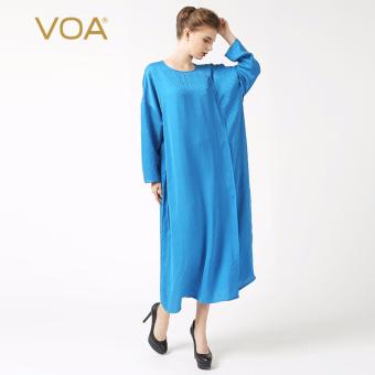 VOA Women's Silk O-Neck Long Sleeve Loose Brief Casual Dress Blue - intl  