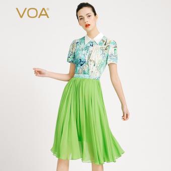 VOA Women's Silk Patchwork Short Sleeves Summer Fashion Dress Blue Floral - intl  
