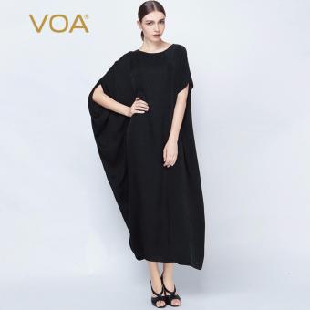 VOA Women's Silk Short Sleeve O-Neck Loose Maxi Dress Black - intl  