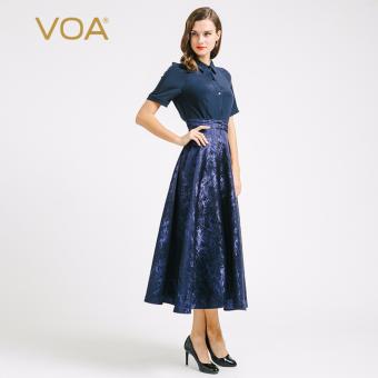 VOA Women's Silk Turn-Down Collar Short Sleeves Solid Elegant Swing Dress Navy Blue - intl  