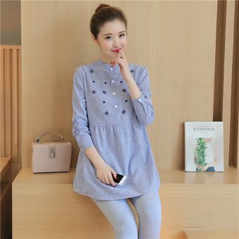 Waist Pleated Embroidery Cotton Maternity Shirt Spring & Autumn Blouse Tops Clothes for Pregnant Women Pregnancy Clothing?blue? - intl  