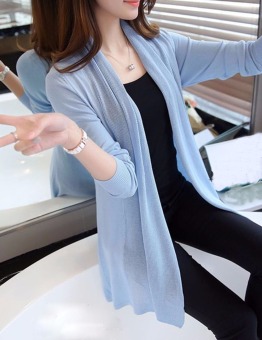 Wanita Musim Panas Sun Protection Syal Cardigan Panjang Longgar Warna Padat Mantel Pendingin (Biru)  
