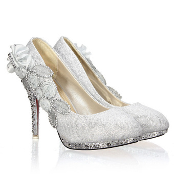Wanita Seksi kristal bridal pesta pernikahan sepatu heels tinggi Perak -  