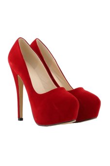 Win8Fong Round Head Suede Platform Pumps Stiletto Shoes (Red)  