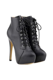 Win8Fong Women's High Heel Ankle Boots Lace Up Platform Party Boots (Black)  