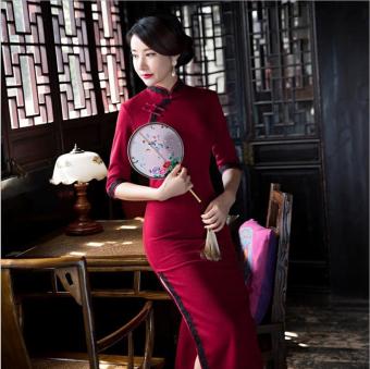 wings Chinese Style Slim Retro VelvetLong Section Cheongsam Maxi Dresses Formal Dress - intl  