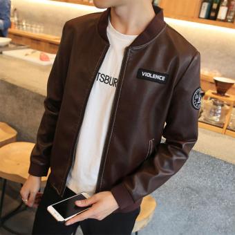 Winter 2016 New Men's Slim Pocket Rib Bottom Shoulder Collar Motorcycle Leather Washed Leather Jacket (Coffee) - intl  