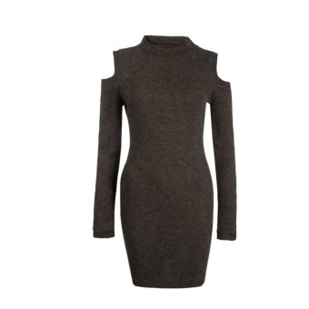 Woen High Collar Dress Sweater Knit Wool off Shoulder Dress  