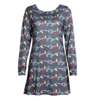 Woen Long Sleeves Round Neck Colorful Lights Printing Dress  